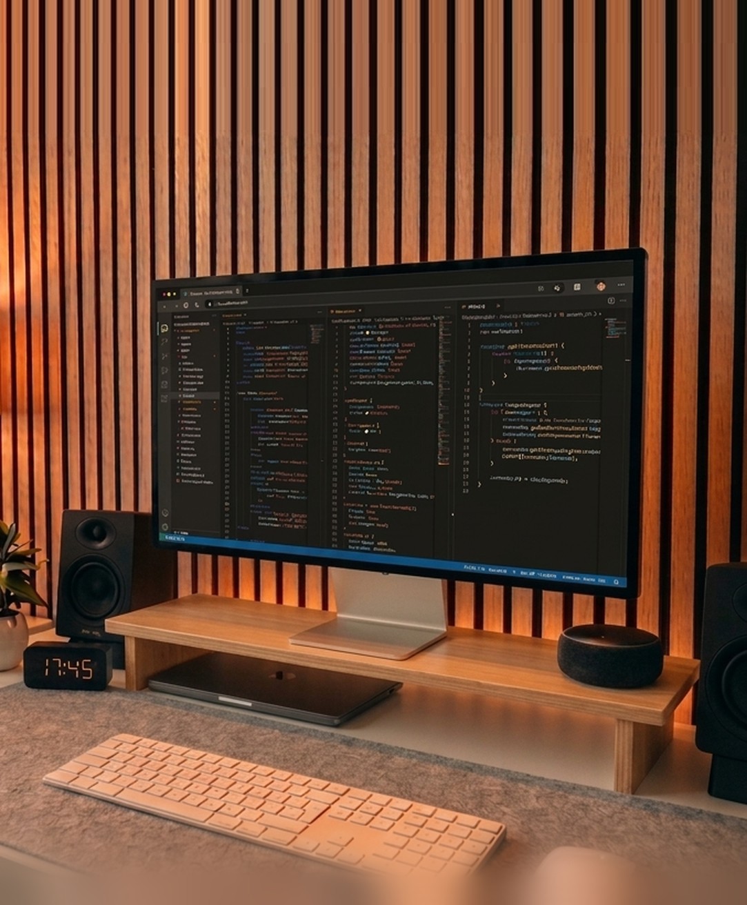 A widescreen monitor against a slatted wood wall showing a code editor mid-build, with a keyboard and desk speakers in front of it.