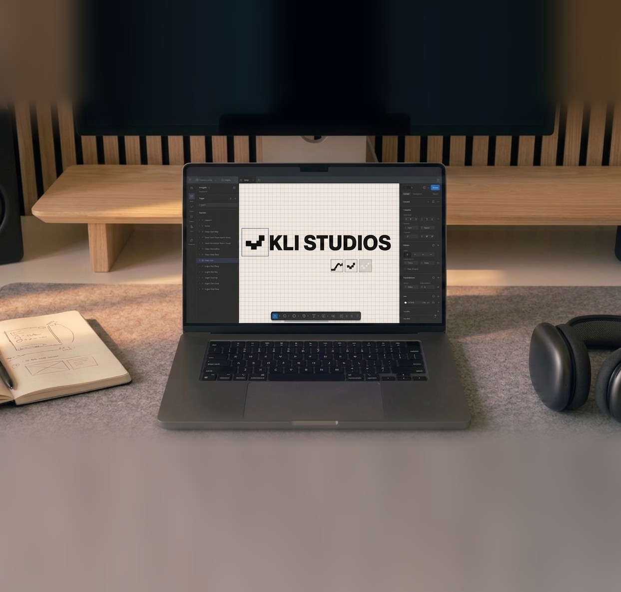 A laptop on a desk showing a studio logo being designed in a vector editor, with a wireframe notebook open beside it.