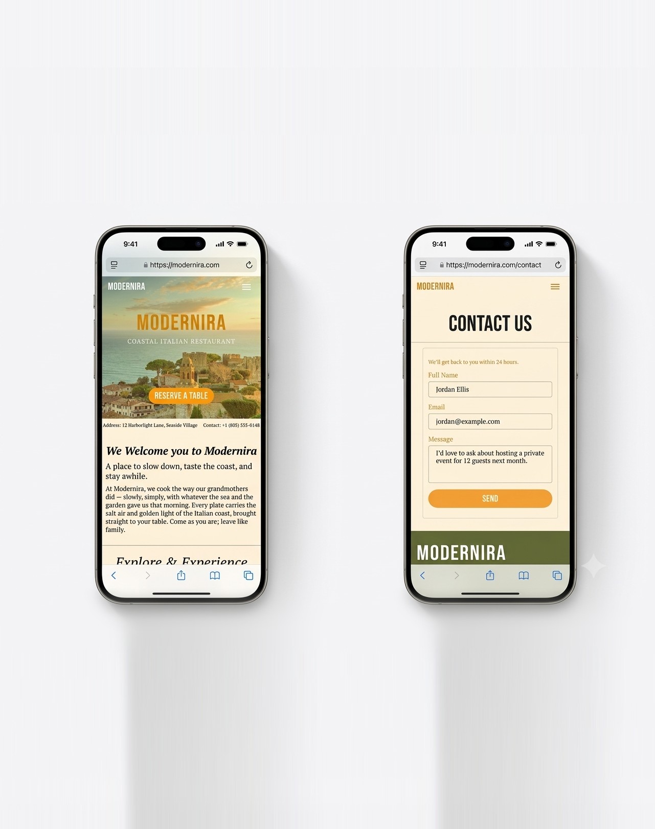 Two phones showing a finished restaurant website, one on the home page with a reserve-a-table button and one on the contact form.
